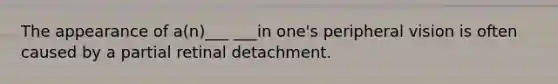 The appearance of a(n)___ ___in one's peripheral vision is often caused by a partial retinal detachment.