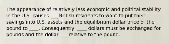 The appearance of relatively less economic and political stability in the U.S. causes ___ British residents to want to put their savings into U.S. assets and the equilibrium dollar price of the pound to ____. Consequently, ____ dollars must be exchanged for pounds and the dollar ___ relative to the pound.