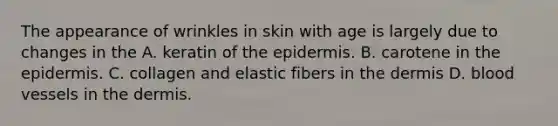 The appearance of wrinkles in skin with age is largely due to changes in the A. keratin of <a href='https://www.questionai.com/knowledge/kBFgQMpq6s-the-epidermis' class='anchor-knowledge'>the epidermis</a>. B. carotene in the epidermis. C. collagen and elastic fibers in <a href='https://www.questionai.com/knowledge/kEsXbG6AwS-the-dermis' class='anchor-knowledge'>the dermis</a> D. <a href='https://www.questionai.com/knowledge/kZJ3mNKN7P-blood-vessels' class='anchor-knowledge'>blood vessels</a> in the dermis.