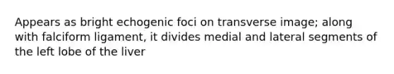 Appears as bright echogenic foci on transverse image; along with falciform ligament, it divides medial and lateral segments of the left lobe of the liver