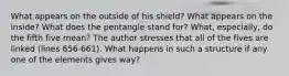 What appears on the outside of his shield? What appears on the inside? What does the pentangle stand for? What, especially, do the fifth five mean? The author stresses that all of the fives are linked (lines 656-661). What happens in such a structure if any one of the elements gives way?