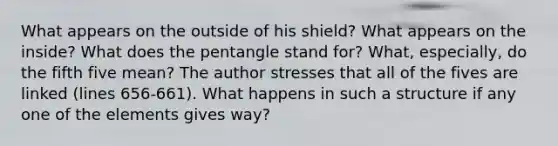 What appears on the outside of his shield? What appears on the inside? What does the pentangle stand for? What, especially, do the fifth five mean? The author stresses that all of the fives are linked (lines 656-661). What happens in such a structure if any one of the elements gives way?