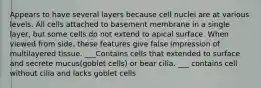 Appears to have several layers because cell nuclei are at various levels. All cells attached to basement membrane in a single layer, but some cells do not extend to apical surface. When viewed from side, these features give false impression of multilayered tissue. ___Contains cells that extended to surface and secrete mucus(goblet cells) or bear cilia. ___ contains cell without cilia and lacks goblet cells