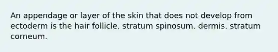 An appendage or layer of the skin that does not develop from ectoderm is the hair follicle. stratum spinosum. dermis. stratum corneum.