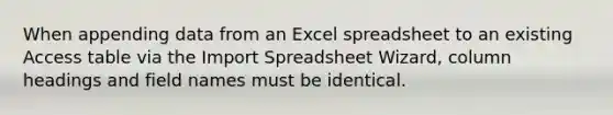 When appending data from an Excel spreadsheet to an existing Access table via the Import Spreadsheet Wizard, column headings and field names must be identical.