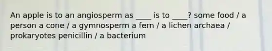 An apple is to an angiosperm as ____ is to ____? some food / a person a cone / a gymnosperm a fern / a lichen archaea / prokaryotes penicillin / a bacterium