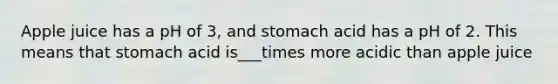 Apple juice has a pH of 3, and stomach acid has a pH of 2. This means that stomach acid is___times more acidic than apple juice