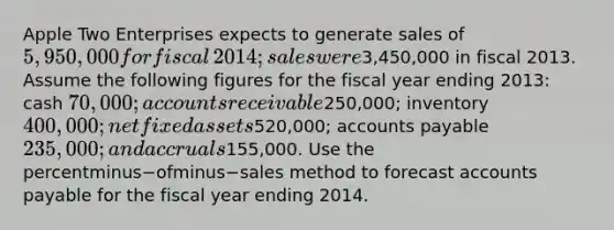 Apple Two Enterprises expects to generate sales of​ 5,950,000 for fiscal​ 2014; sales were​3,450,000 in fiscal 2013. Assume the following figures for the fiscal year ending​ 2013: cash​ 70,000; accounts receivable​250,000; inventory​400,000; net fixed assets​520,000; accounts payable​ 235,000; and accruals​155,000. Use the percentminus−ofminus−sales method to forecast accounts payable for the fiscal year ending 2014.