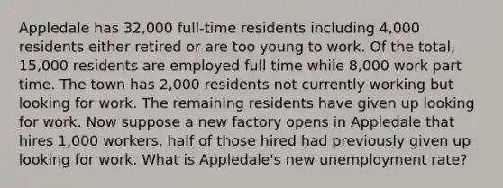 Appledale has 32,000 full-time residents including 4,000 residents either retired or are too young to work. Of the total, 15,000 residents are employed full time while 8,000 work part time. The town has 2,000 residents not currently working but looking for work. The remaining residents have given up looking for work. Now suppose a new factory opens in Appledale that hires 1,000 workers, half of those hired had previously given up looking for work. What is Appledale's new unemployment rate?