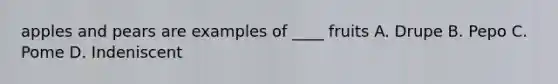 apples and pears are examples of ____ fruits A. Drupe B. Pepo C. Pome D. Indeniscent