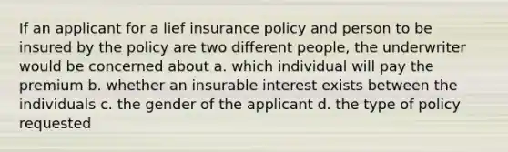 If an applicant for a lief insurance policy and person to be insured by the policy are two different people, the underwriter would be concerned about a. which individual will pay the premium b. whether an insurable interest exists between the individuals c. the gender of the applicant d. the type of policy requested