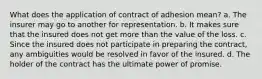 What does the application of contract of adhesion mean? a. The insurer may go to another for representation. b. It makes sure that the insured does not get more than the value of the loss. c. Since the insured does not participate in preparing the contract, any ambiguities would be resolved in favor of the insured. d. The holder of the contract has the ultimate power of promise.