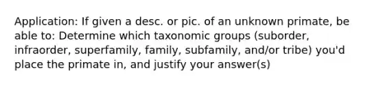 Application: If given a desc. or pic. of an unknown primate, be able to: Determine which taxonomic groups (suborder, infraorder, superfamily, family, subfamily, and/or tribe) you'd place the primate in, and justify your answer(s)