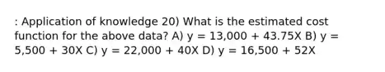 : Application of knowledge 20) What is the estimated cost function for the above data? A) y = 13,000 + 43.75X B) y = 5,500 + 30X C) y = 22,000 + 40X D) y = 16,500 + 52X