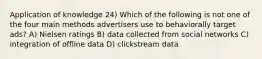 Application of knowledge 24) Which of the following is not one of the four main methods advertisers use to behaviorally target ads? A) Nielsen ratings B) data collected from social networks C) integration of offline data D) clickstream data