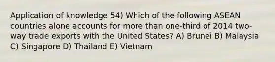 Application of knowledge 54) Which of the following ASEAN countries alone accounts for more than one-third of 2014 two-way trade exports with the United States? A) Brunei B) Malaysia C) Singapore D) Thailand E) Vietnam