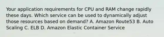 Your application requirements for CPU and RAM change rapidly these days. Which service can be used to dynamically adjust those resources based on demand? A. Amazon Route53 B. Auto Scaling C. ELB D. Amazon Elastic Container Service