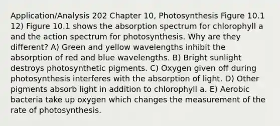 Application/Analysis 202 Chapter 10, Photosynthesis Figure 10.1 12) Figure 10.1 shows the absorption spectrum for chlorophyll a and the action spectrum for photosynthesis. Why are they different? A) Green and yellow wavelengths inhibit the absorption of red and blue wavelengths. B) Bright sunlight destroys photosynthetic pigments. C) Oxygen given off during photosynthesis interferes with the absorption of light. D) Other pigments absorb light in addition to chlorophyll a. E) Aerobic bacteria take up oxygen which changes the measurement of the rate of photosynthesis.