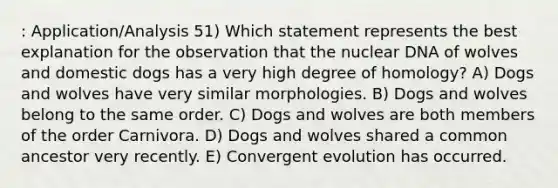 : Application/Analysis 51) Which statement represents the best explanation for the observation that the nuclear DNA of wolves and domestic dogs has a very high degree of homology? A) Dogs and wolves have very similar morphologies. B) Dogs and wolves belong to the same order. C) Dogs and wolves are both members of the order Carnivora. D) Dogs and wolves shared a common ancestor very recently. E) Convergent evolution has occurred.