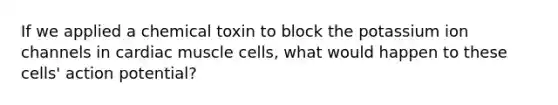 If we applied a chemical toxin to block the potassium ion channels in cardiac muscle cells, what would happen to these cells' action potential?