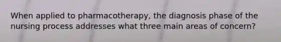 When applied to pharmacotherapy, the diagnosis phase of the nursing process addresses what three main areas of concern?