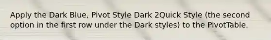 Apply the Dark Blue, Pivot Style Dark 2Quick Style (the second option in the first row under the Dark styles) to the PivotTable.