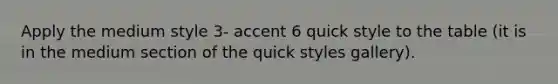 Apply the medium style 3- accent 6 quick style to the table (it is in the medium section of the quick styles gallery).