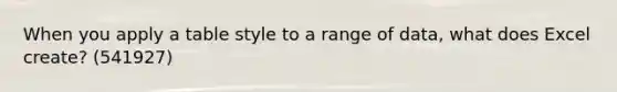 When you apply a table style to a range of data, what does Excel create? (541927)