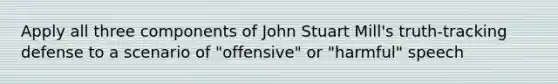 Apply all three components of John Stuart Mill's truth-tracking defense to a scenario of "offensive" or "harmful" speech