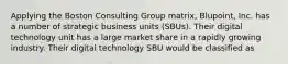 Applying the Boston Consulting Group matrix, Blupoint, Inc. has a number of strategic business units (SBUs). Their digital technology unit has a large market share in a rapidly growing industry. Their digital technology SBU would be classified as