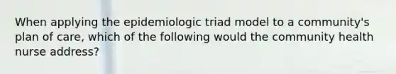 When applying the epidemiologic triad model to a community's plan of care, which of the following would the community health nurse address?