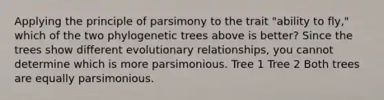 Applying the principle of parsimony to the trait "ability to fly," which of the two phylogenetic trees above is better? Since the trees show different evolutionary relationships, you cannot determine which is more parsimonious. Tree 1 Tree 2 Both trees are equally parsimonious.