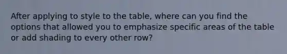 After applying to style to the table, where can you find the options that allowed you to emphasize specific areas of the table or add shading to every other row?