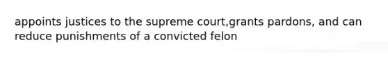 appoints justices to the supreme court,grants pardons, and can reduce punishments of a convicted felon