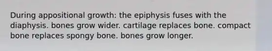 During appositional growth: the epiphysis fuses with the diaphysis. bones grow wider. cartilage replaces bone. compact bone replaces spongy bone. bones grow longer.