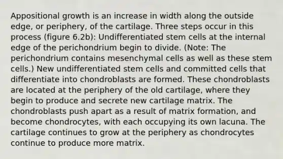 Appositional growth is an increase in width along the outside edge, or periphery, of the cartilage. Three steps occur in this process (figure 6.2b): Undifferentiated stem cells at the internal edge of the perichondrium begin to divide. (Note: The perichondrium contains mesenchymal cells as well as these stem cells.) New undifferentiated stem cells and committed cells that differentiate into chondroblasts are formed. These chondroblasts are located at the periphery of the old cartilage, where they begin to produce and secrete new cartilage matrix. The chondroblasts push apart as a result of matrix formation, and become chondrocytes, with each occupying its own lacuna. The cartilage continues to grow at the periphery as chondrocytes continue to produce more matrix.