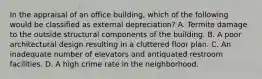 In the appraisal of an office building, which of the following would be classified as external depreciation? A. Termite damage to the outside structural components of the building. B. A poor architectural design resulting in a cluttered floor plan. C. An inadequate number of elevators and antiquated restroom facilities. D. A high crime rate in the neighborhood.