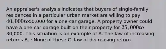 An appraiser's analysis indicates that buyers of single-family residences in a particular urban market are willing to pay 40,000 to50,000 for a one-car garage. A property owner could have a one-car garage built on their property for 25,000 to30,000. This situation is an example of A. The law of increasing returns B. : None of these C. law of decreasing return