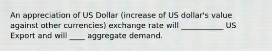 An appreciation of US Dollar (increase of US dollar's value against other currencies) exchange rate will ___________ US Export and will ____ aggregate demand.