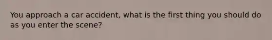 You approach a car accident, what is the first thing you should do as you enter the scene?