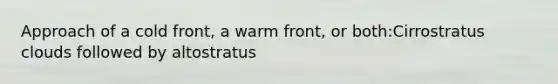 Approach of a cold front, a warm front, or both:Cirrostratus clouds followed by altostratus