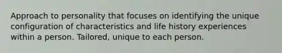 Approach to personality that focuses on identifying the unique configuration of characteristics and life history experiences within a person. Tailored, unique to each person.