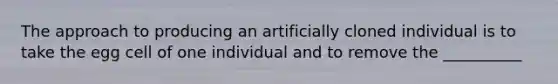 The approach to producing an artificially cloned individual is to take the egg cell of one individual and to remove the __________