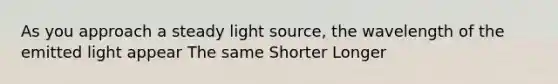 As you approach a steady light source, the wavelength of the emitted light appear The same Shorter Longer