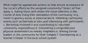 What might be appropriate actions to help ensure acceptance of the nurse's efforts by the assigned community? Select all that apply. a. Asking those with whom the nurse interacts in the course of daily living their perception of the community (e.g., clerks in grocery stores or pharmacies) b. Attending community events such as festivals or fairs and interacting with participants c. Becoming involved in and contributing to volunteer community organizations d. Completing a comprehensive physical assessment on nearby neighbors e. Visiting formal leaders in the community for their insights f. Volunteering as a teacher's helper in the local school system