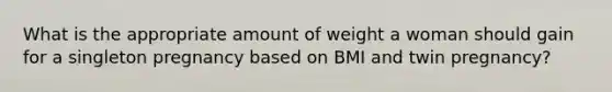 What is the appropriate amount of weight a woman should gain for a singleton pregnancy based on BMI and twin pregnancy?