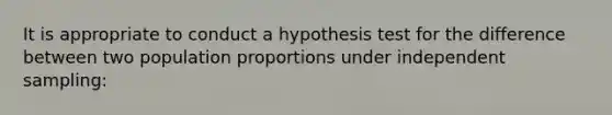 It is appropriate to conduct a hypothesis test for the difference between two population proportions under independent sampling: