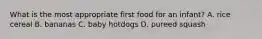 What is the most appropriate first food for an infant? A. rice cereal B. bananas C. baby hotdogs D. pureed squash