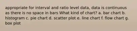 appropriate for interval and ratio level data, data is continuous as there is no space in bars What kind of chart? a. <a href='https://www.questionai.com/knowledge/kdDMLVsZUp-bar-chart' class='anchor-knowledge'>bar chart</a> b. histogram c. <a href='https://www.questionai.com/knowledge/kDrHXijglR-pie-chart' class='anchor-knowledge'>pie chart</a> d. <a href='https://www.questionai.com/knowledge/kHey83DSAQ-scatter-plot' class='anchor-knowledge'>scatter plot</a> e. line chart f. flow chart g. box plot