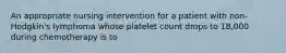 An appropriate nursing intervention for a patient with non-Hodgkin's lymphoma whose platelet count drops to 18,000 during chemotherapy is to